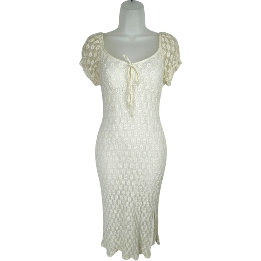 Womens Milkmaid Cream Floral Lace Midi Dress Short Puff Sleeve Medium Coquette